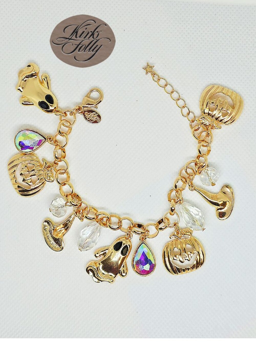 KIRKS FOLLY GHOSTLY GREETINGS & CRYSTALS HALLOWEEN Charm Neckace Goldtone